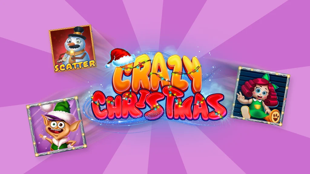 Cartoon font that reads ‘Crazy Christmas’ surrounded by three cartoon slot game symbols against a purple background.
