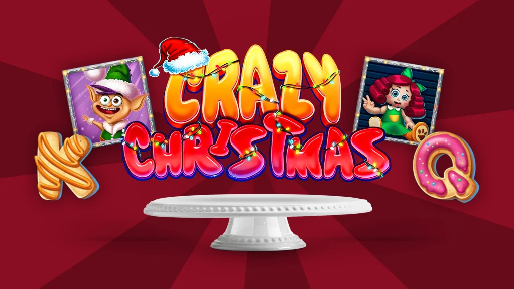 The Cafe Casino slots game logo for ‘Crazy Christmas’ surrounded by slot game symbols hover above a cake stand against a red background.