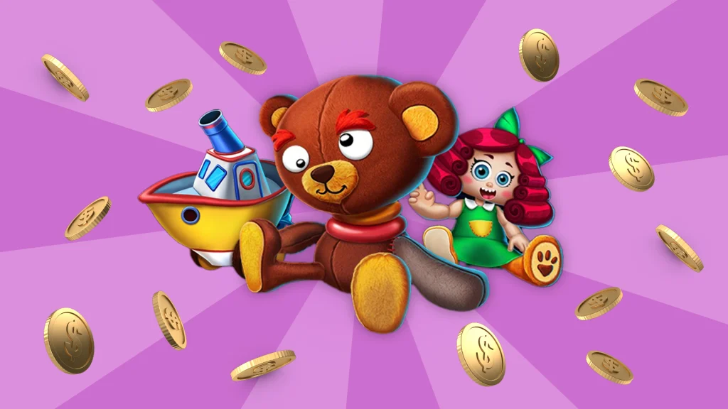 Cartoon teddy, doll and a toy tugboat are surrounded by falling coins against a purple background.