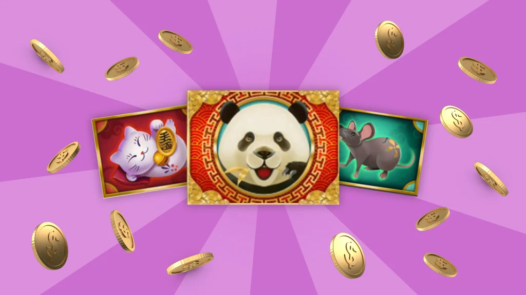 A cartoon panda flanked by symbols of a cat and mouse, surrounded by gold coins against a purple background.