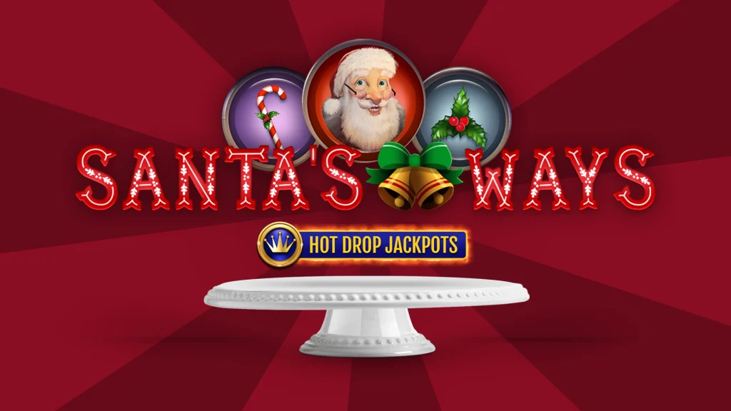The Cafe Casino slots game logo for ‘Santa’s Ways’ and slot game symbols hover above a cake stand against a red background.