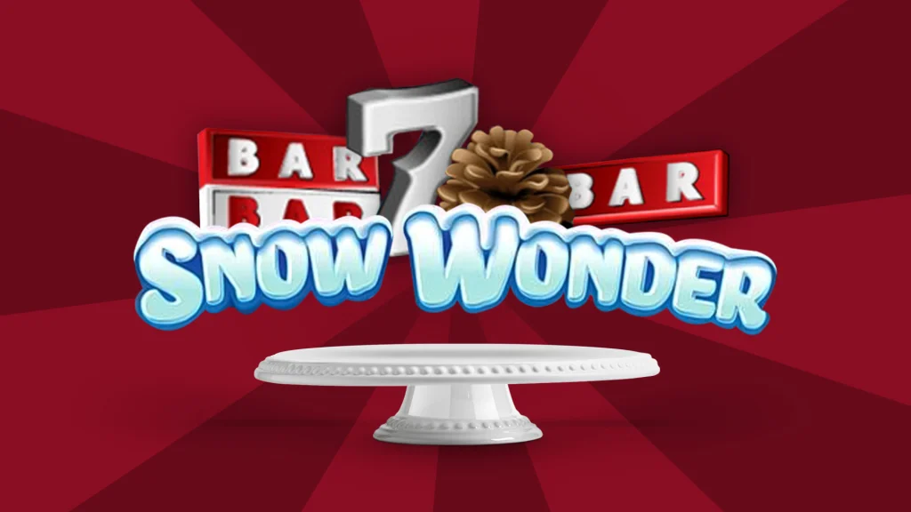 The Cafe Casino slots game logo for Snow Wonder hovers above a cake stand against a red background.