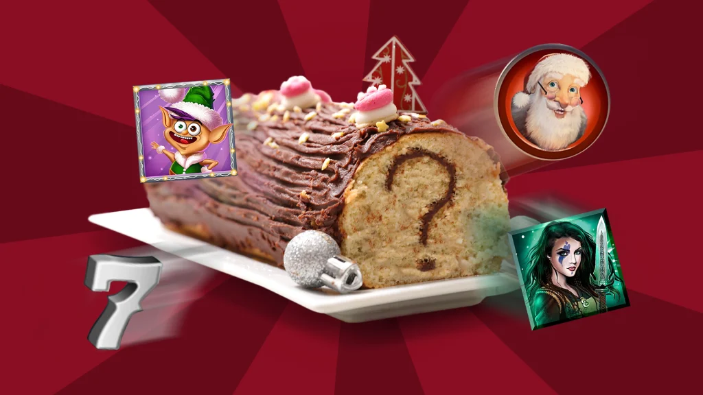 A chocolate yule log dessert with Cafe Casino slots game symbols surrounding it.