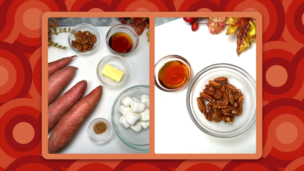 Ingredients for the sweet potato marshmallow bites; on the left, sweet potatoes and marshmallows are in bowls, while on the right, pecans are in a bowl.