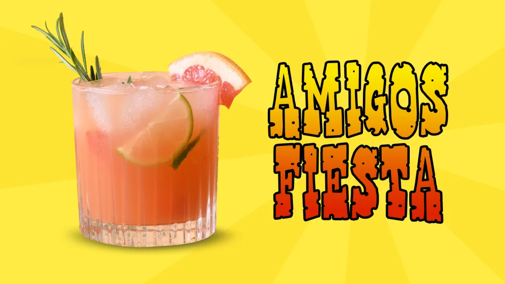 A Paloma cocktail features alongside the logo for the Cafe Casino online slot, Amigos Fiesta, on a yellow background.