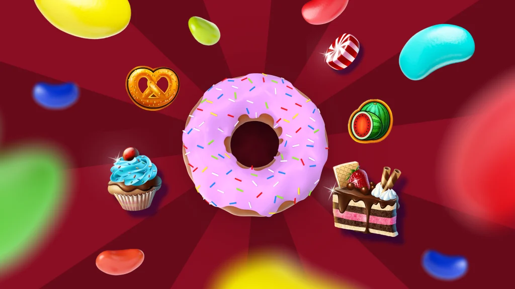 An iced sprinkled doughnut is center of the image surrounded by a collection of food slots symbols including cake, candy and jelly beans, on a striped red background.