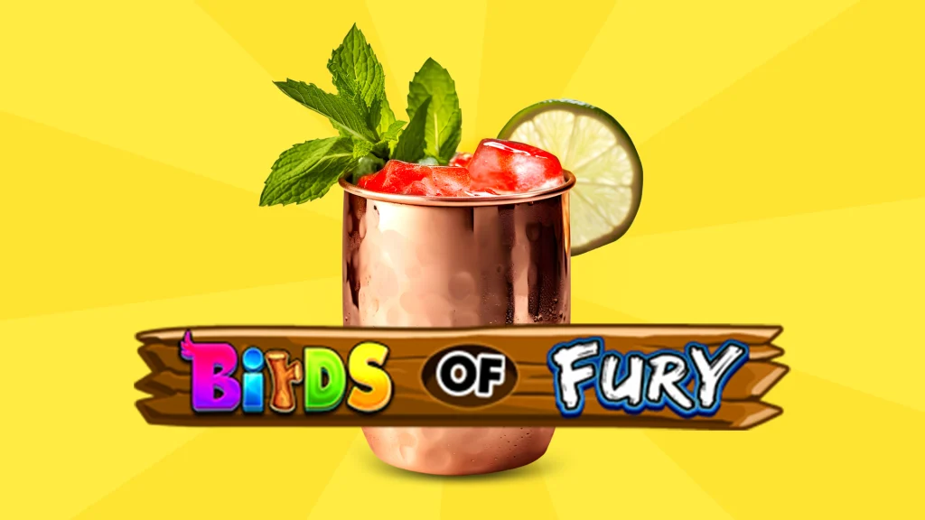A Desert Bird cocktail features alongside the logo for the Cafe Casino online slot, Birds of Fury, on a yellow background.