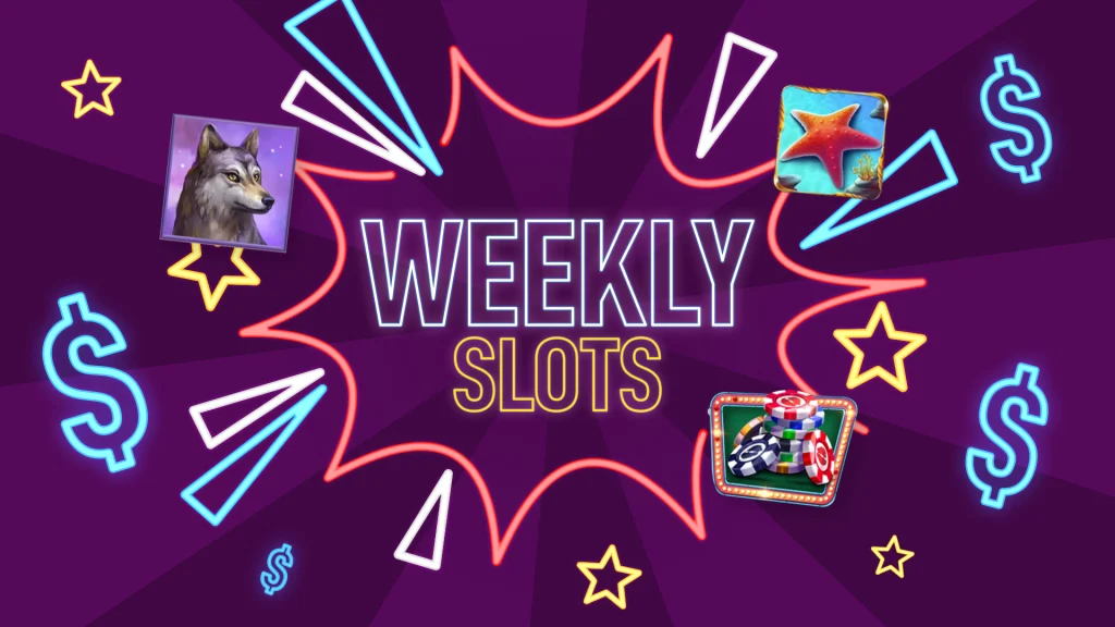 ‘Weekly Slots’ in neon style lights is centered, with dollar signs, stars and symbols from Cafe Casino slots surrounding it, on a purple background.