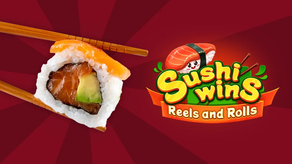A piece of sushi held by chopsticks to the left of the image with the logo of the Cafe Casino online slot Sushi Wins Reels and Rolls to the right-hand side, on a red background.