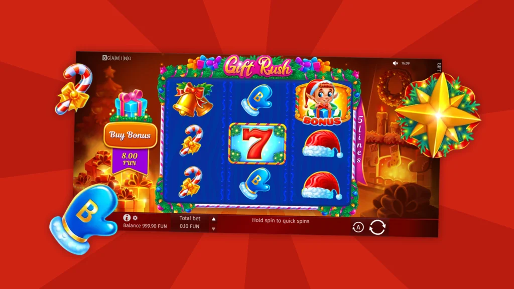 Vibrant 'Gift Rush' slot game interface over a bright red background, displaying Christmas-themed symbols, including snow mittens, jingle bells, candy canes and Santa hats, with a 'Buy Bonus' feature highlighted.