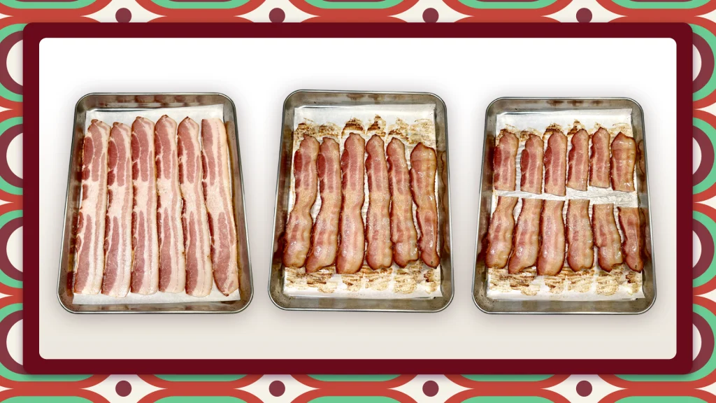 Bacon in 3 stages of the bacon-wrapped dates recipe, displayed on baking trays with parchment paper.