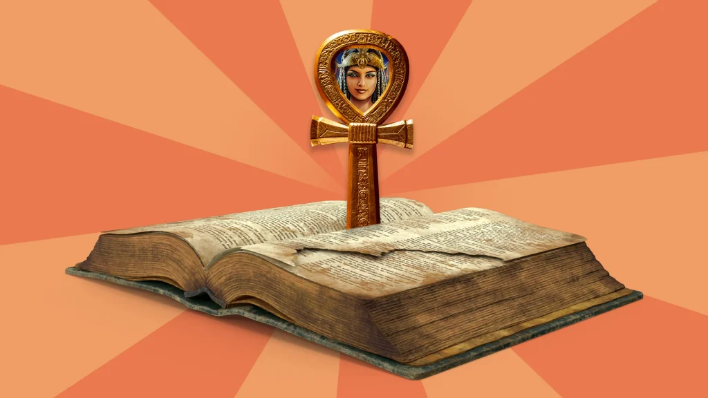 An ancient book with a gold artifact coming out of the page featuring Cleopatra’s face, is centered on a vibrant orange background.