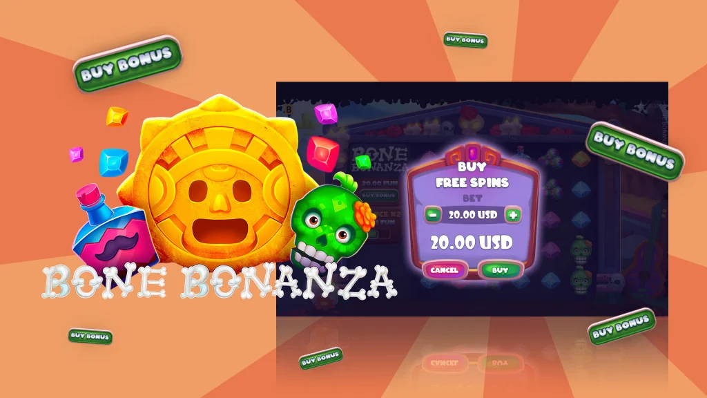 Mexican Aztec-style symbols above the Cafe Casino slots logo for ‘Bone Bonanza’, with gameplay to the right.
