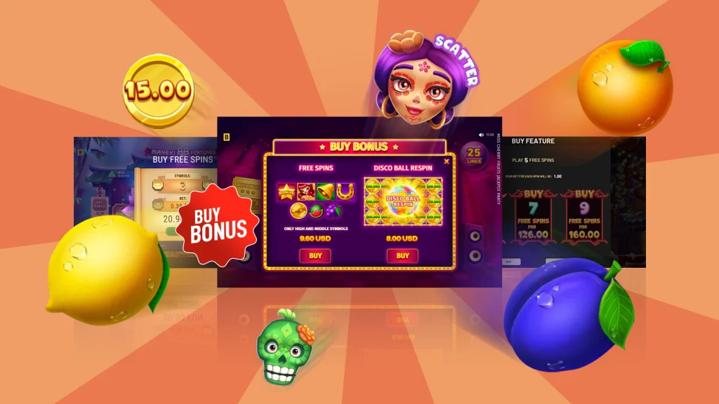 Gameplay from slots, with ‘buy bonus’ written beside it and slots symbols, including a lemon and orange, adjacent on a peach background.