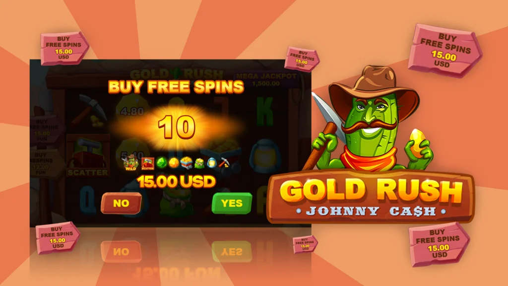 The logo from the Cafe Casino slot Gold Rush Johnny Cash to the right, with a screenshot of the slot reel to the left, on a vibrant peach background.