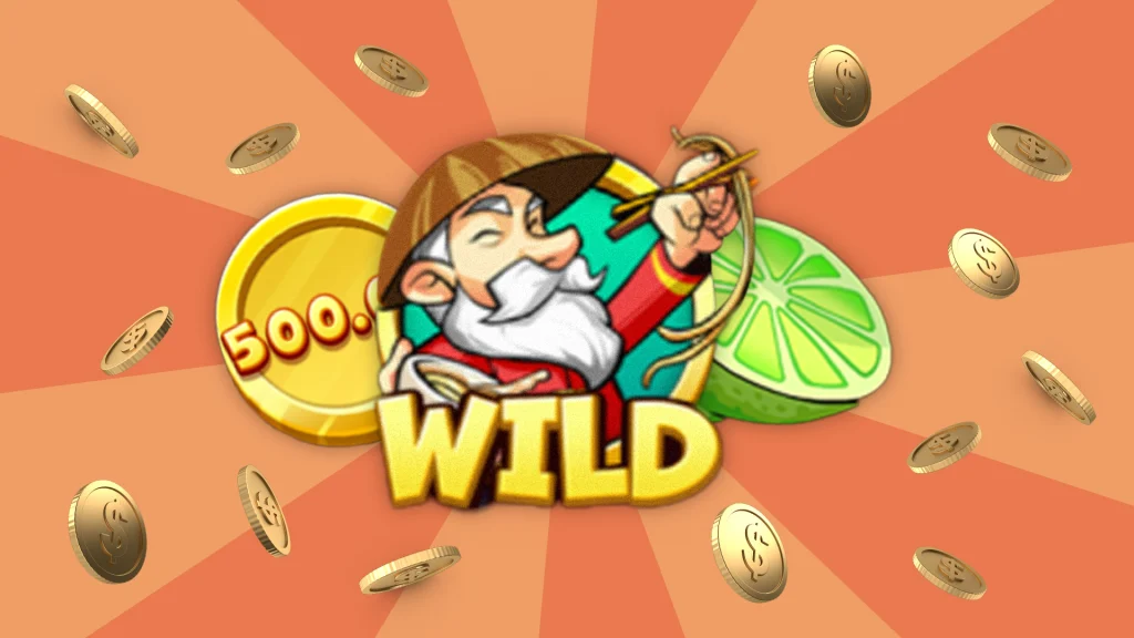 A ‘wild’ symbol with a traditional Vietnamese male cartoon character is displayed surrounded by other symbols from the slot including a sliced lime and a coin with 150 written on it. Coins fall from the top of the image on a vibrant orange background.