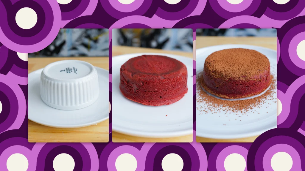The three stages of the red velvet lava cake being plated.