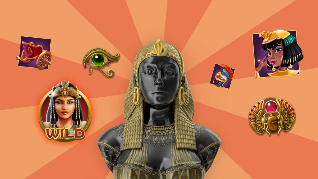 A bust sculpture of Cleopatra wearing gold jewelry is centered, surrounded by several slot symbols from different Cafe Casino Cleopatra slots on a vibrant orange background.