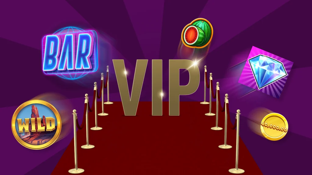A red carpet with the wording ‘VIP’ in gold colored font, with online slot symbols, on a purple background.