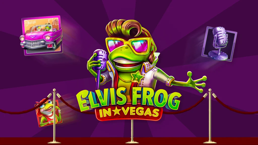 The logo for the Cafe Casino online slot, ‘Elvis Frog In Vegas’, featuring a frog dressed up as Elvis and slot symbols, including a female frog, a 1960s car and an old fashioned microphone.