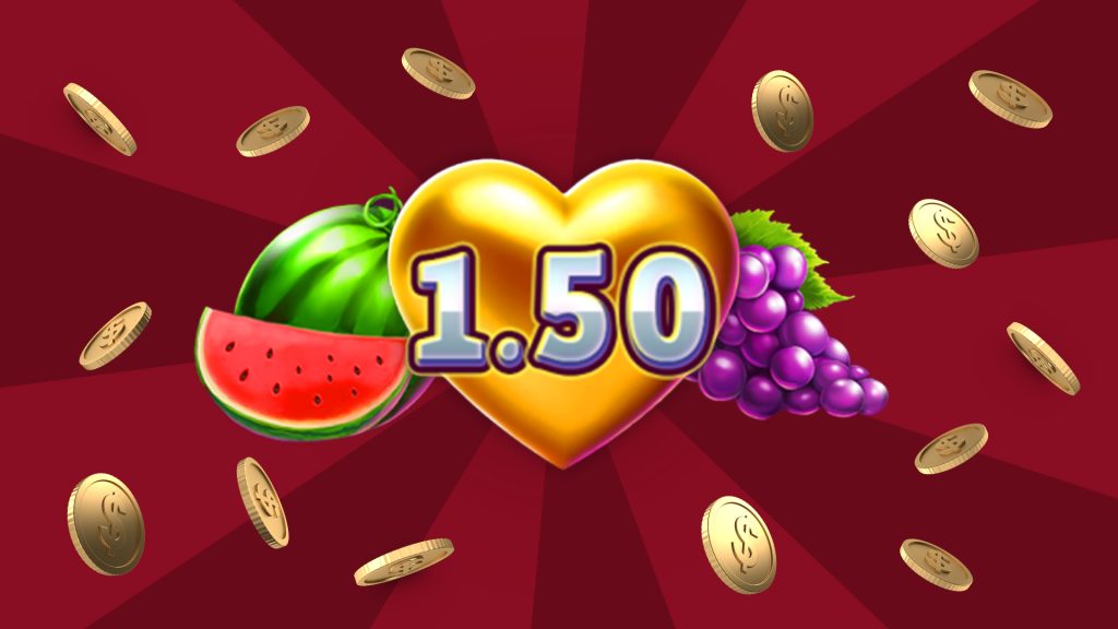 A golden heart with ‘1.50’ overlaid, while slots fruit symbols and coins fall from the top, on a vibrant red background.