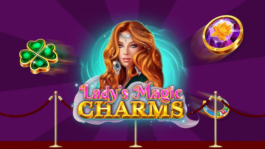 The logo for the Cafe Casino online slot, ‘Lady’s Magic Charms’, surrounded by charm symbols from the game on a purple background.