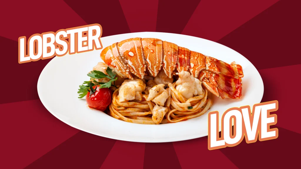 A dish served with lobster, pasta and tomatoes on a red background.