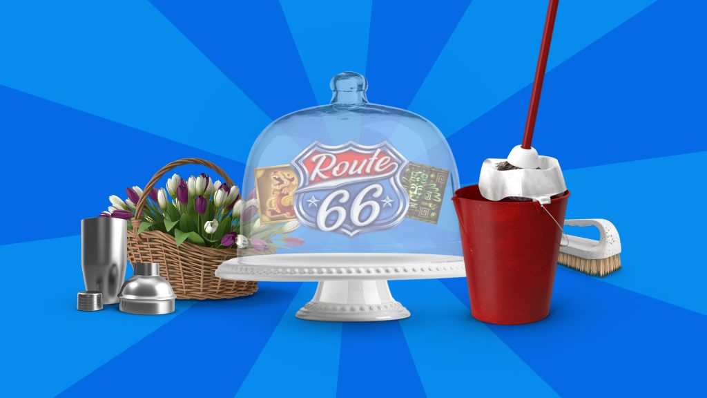 A traditional glass serving dish displays a road sign reading ‘Route 66’. Flowers, cleaning equipment and a cocktail shaker also feature. On a blue background.