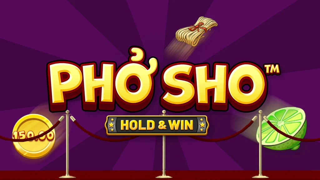 The logo for the Cafe Casino online slot, ‘Pho Sho’, surrounded by slots symbols, including a coin, some noodles and a lime.