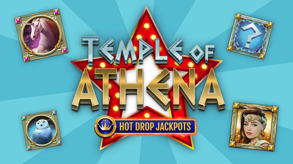 A Vegas lights style star with text that reads ‘Temple of Athena Hot Drop Jackpots’ surrounded by four slot symbols against a light blue background.