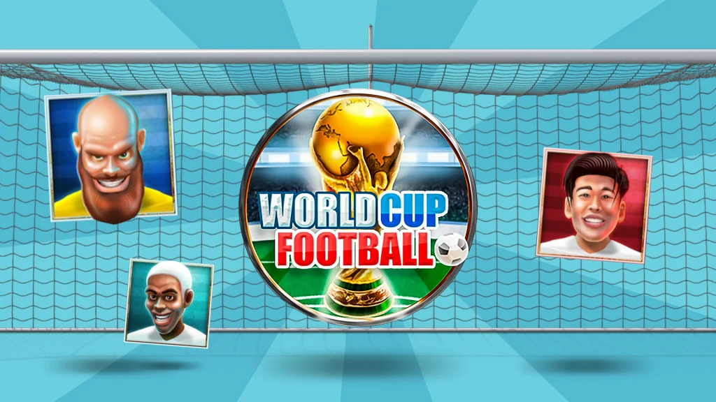 A soccer goal is centered around the logo of the Cafe Casino slot, World Cup Football. Also featured are symbols of soccer players from the slot. 