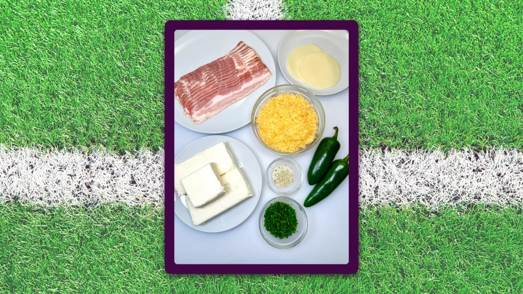 The ingredients for the football shaped cheese ball recipe, including bacon on a white dish and grated cheddar cheese in a bowl.