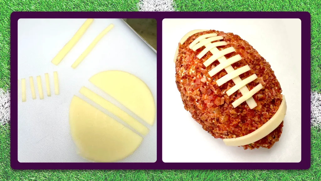 Two slices of white cheese cut into strips to be used as the laces on the football cheese ball; on the left is the finished football cheese ball with the laces.