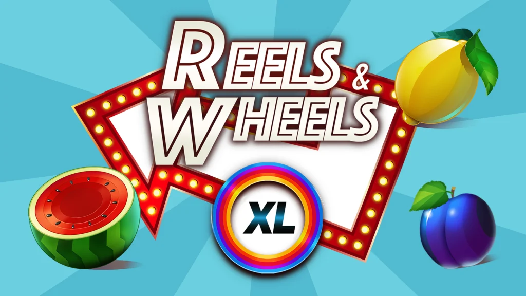 A Vegas lights style arrow pointing left with the Cafe Casino slots game logo for ‘Reels & Wheels XL’, surrounded by three fruit icons against a light blue background. 