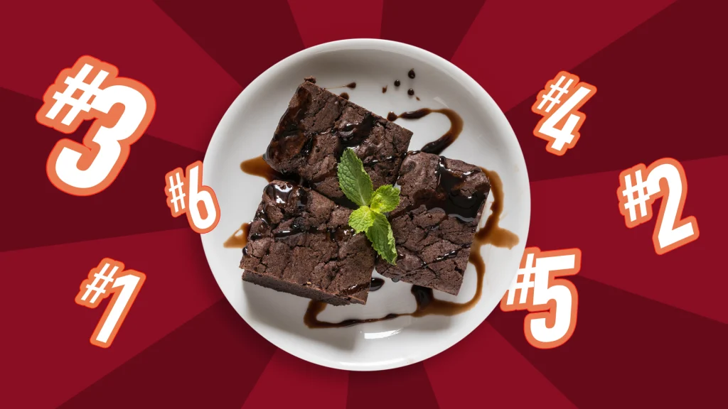 Three brownies on a white plate surrounded by numbers one through six on a red background.