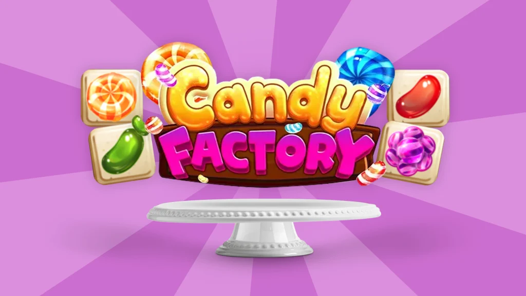 The logo for the Cafe Casino online slot, ‘Candy Factory’, hovering over an empty cake tray surrounded by candy against a purple background