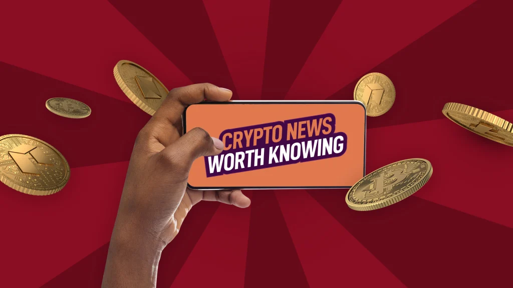 A hand is holding a phone that says ‘Crypto News Worth Knowing’. Six gold coins float around it, on top of a dark red background.