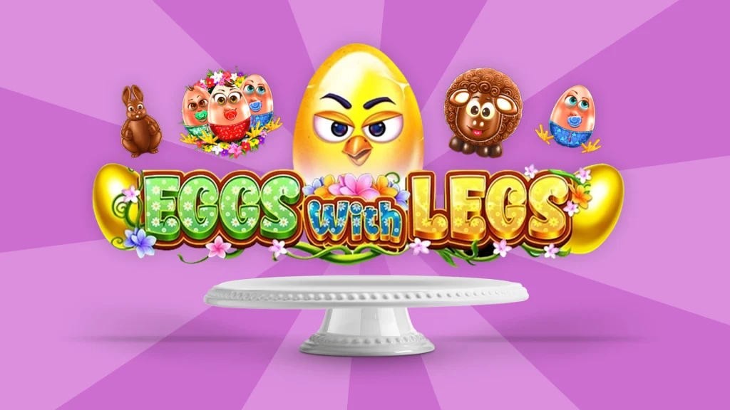 Text that reads ‘Eggs with Legs’ – a Cafe Casino online slot – with a big yellow egg behind it and smaller eggs and chocolate animals against a purple background. 