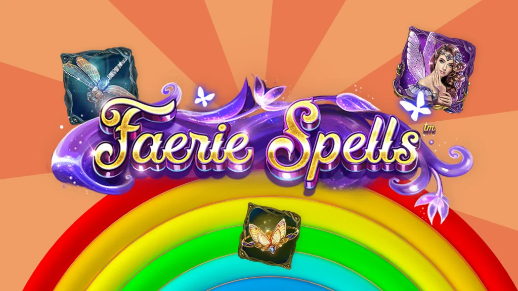 The logo for the Cafe Casino online slot, Faerie Spells, with slot symbols, on a two-tone orange background.