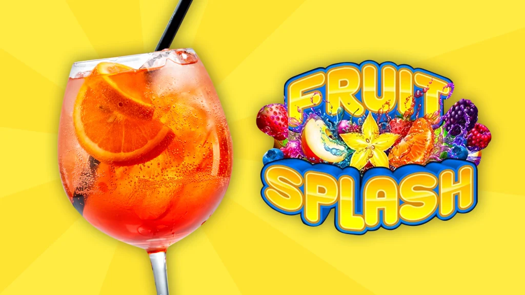 An Aperol Spritz cocktail is on the left and an icon is on the right which says ‘Fruit Splash’ and it’s all over a bright yellow background.