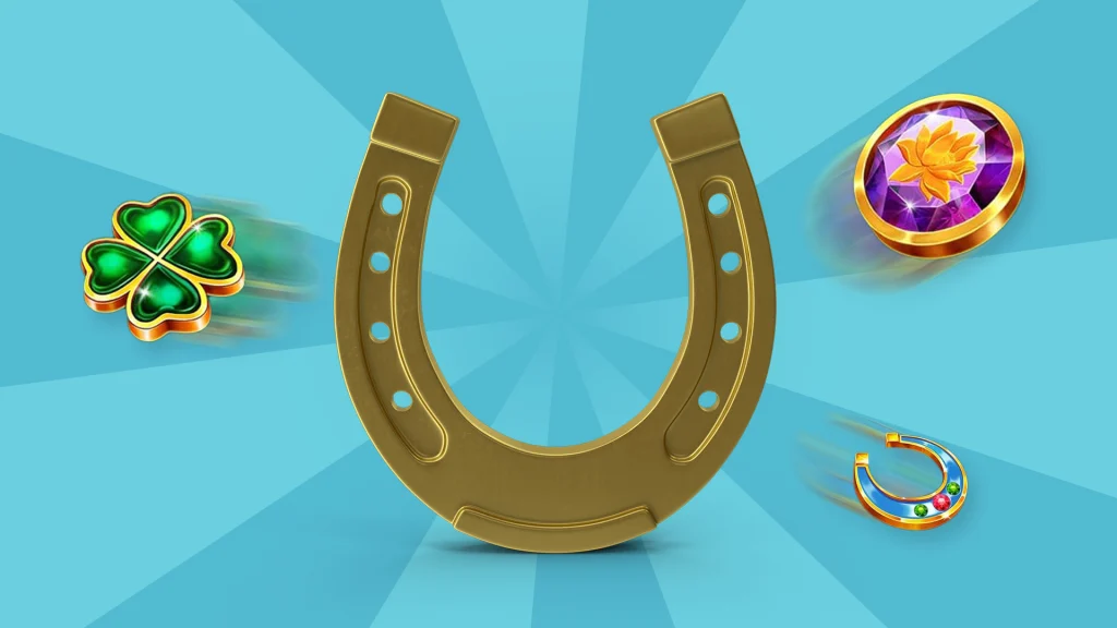 An upside down golden horseshoe and Irish-themed slot symbols on a two-tone blue background.