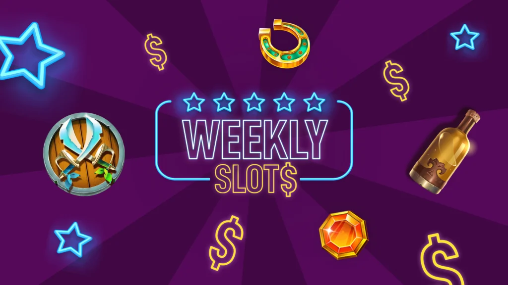A dark purple background with the text ‘Weekly Slots’ in the middle, surrounded by slots symbols including dollar signs, a horseshoe, knives, stars, and a bottle of liquid.
