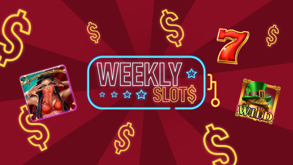 A neon lit sign reads ‘Weekly Slots’. Online slot symbols also feature alongside dollar signs. On a two-tone red background.