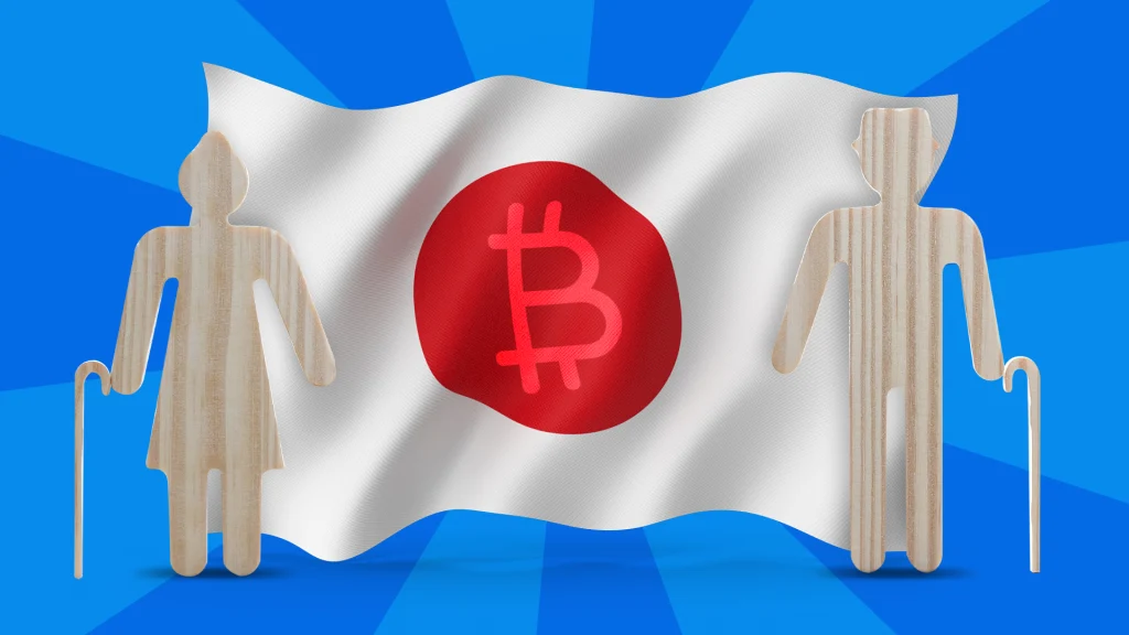 A blue background with an image of Japan’s flag with a Bitcoin logo in the red circle in the middle, one elderly woman with a cane on the left, and one elderly man with a cane on the right.