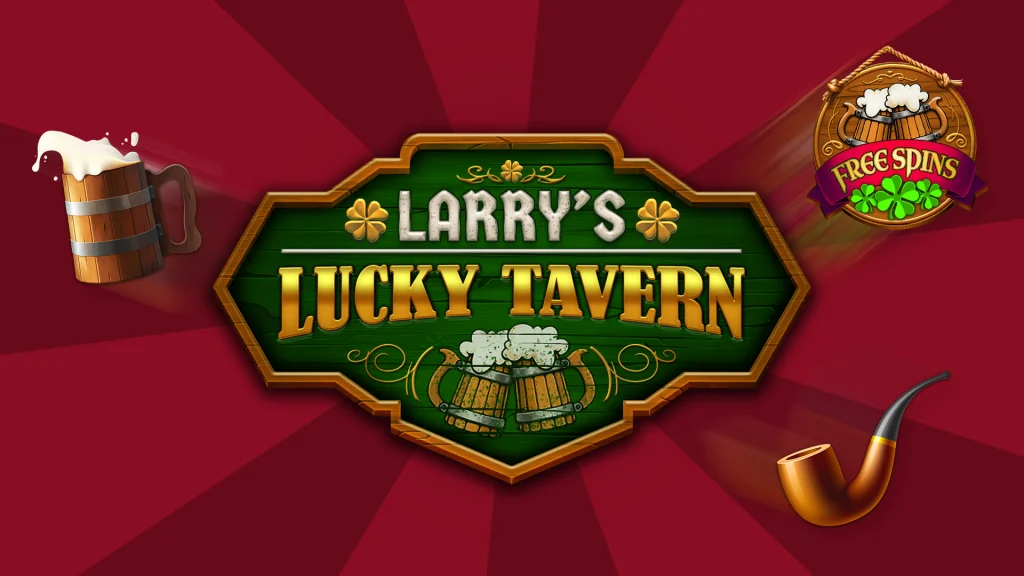 Larry’s Lucky Tavern online slots game logo, with slots symbols of a pipe, a mug of beer, and a free spins icon.