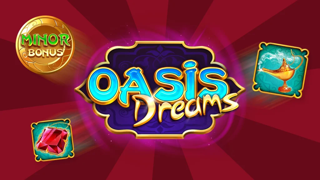 The logo from the Cafe Casino slot game, Oasis Dreams, with slots symbols of a minor bonus coin, a lamp, and a ruby.