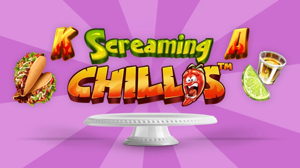 ‘Screaming Chillis’ text over an uncovered cake tray and tacos and a tequila shot with lime against a purple background.