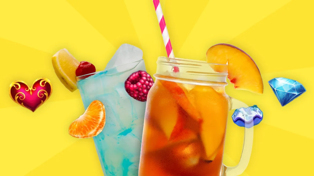 There’s a bright yellow background and two cocktails in front with fruits and slot symbols floating around them.