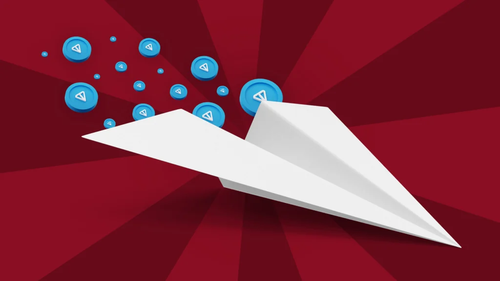 With a dark red background, a paper airplane points to the bottom right, with Telegram logos in blue circles trailing behind it.