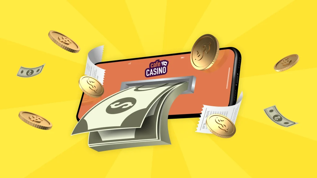 A smartphone with cash coming out surrounded by gold coins with dollar signs.